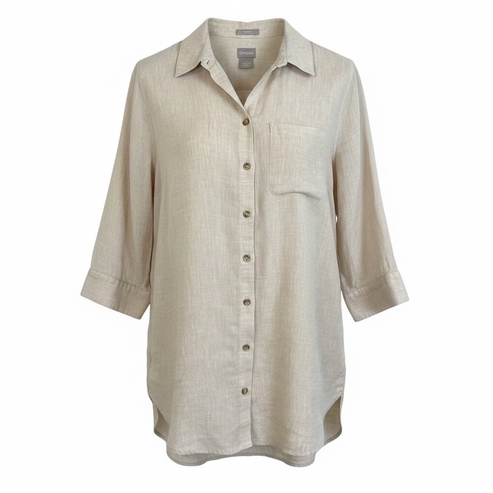 Chico's Button Up Tunic Top Women 1 M (8/10) No Iron Linen Minimalist Lagenlook